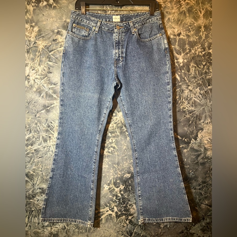 Calvin Klein retro vintage flare wide leg stone wash denim Jeans